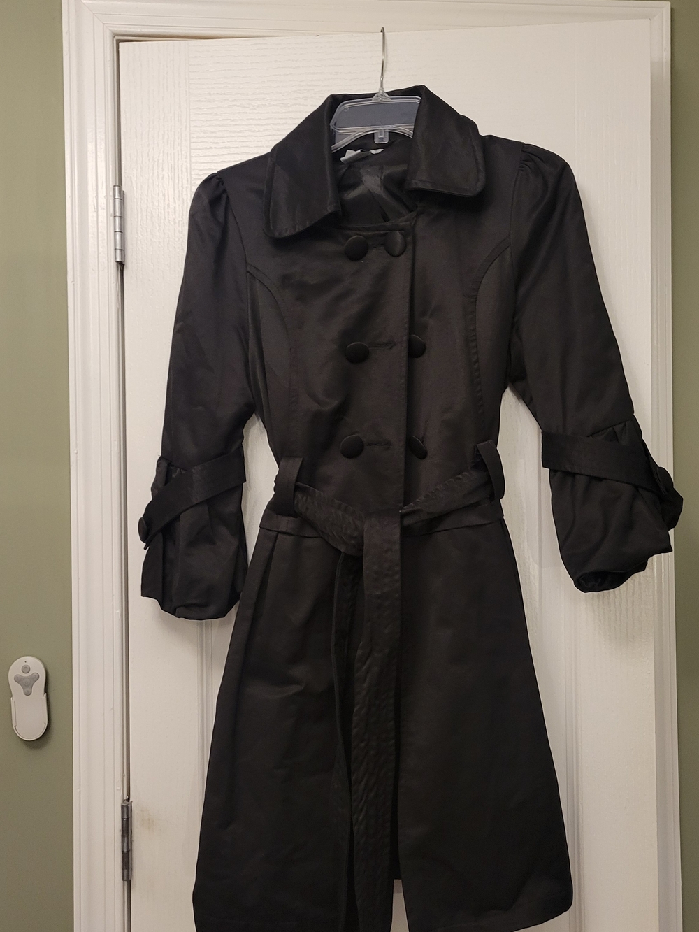 Luii Black Double-Breasted Trench Coat with Waist Tie And Puff Sleeves